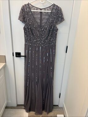 Adrianna Papell Beaded Charcoal Grey Maxi Dress NWT